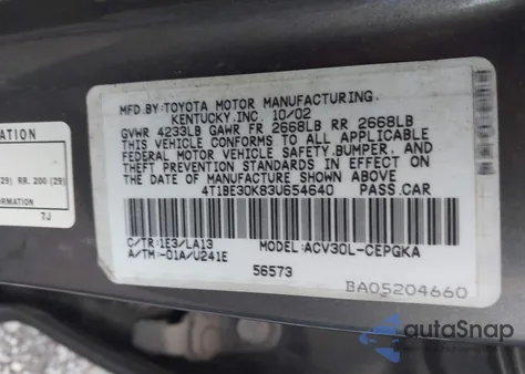 2003 Toyota Camry Xle z USA, uszkodzony, nr VIN 4T1BE30K83U654640